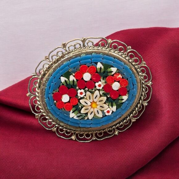 Italian Vintage Micro Mosaic Glass Floral Brooch Pin Silver Tone Filigree Border - Picture 2 of 10